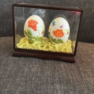 Decorative Floral Painted Eggs in Glass Case